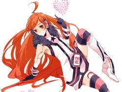 Rule 34 | 1girl, ahoge, android, belt, boots, female focus, gloves, hatsu (piapro), headphones, joints, kneehighs, long hair, red eyes, red hair, robot joints, sf-a2 miki, smile, socks, solo, star (symbol), striped clothes, striped gloves, striped socks, striped thighhighs, thighhighs, very long hair, vocaloid, white background, wrist cuffs, zettai ryouiki