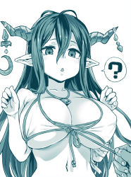 Rule 34 | 10s, 1girl, ?, asanagi, bikini, blue theme, breasts, cleavage, danua, draph, female focus, granblue fantasy, green theme, horns, jewelry, large breasts, long hair, monochrome, navel, necklace, open mouth, pulling, pulling another&#039;s clothes, solo, swimsuit, triangle mouth, untying