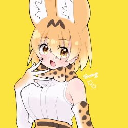 Rule 34 | 1girl, animal ears, bare shoulders, belt, blonde hair, bow, bowtie, cat ears, cat girl, cthun n, elbow gloves, extra ears, fang, gloves, highres, kemono friends, looking at viewer, open mouth, serval (kemono friends), shirt, short hair, simple background, skirt, sleeveless, sleeveless shirt, solo, upper body, yellow background, yellow eyes