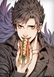 Rule 34 | 1boy, anderain, belial (granblue fantasy), black hair, black jacket, eating, feather boa, food, granblue fantasy, highres, hot dog, jacket, looking at viewer, male focus, pectoral cleavage, pectorals, phallic symbol, sausage, sexually suggestive, short hair, smile, solo, spiked hair, toned, toned male