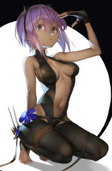 Rule 34 | 1girl, arm behind back, arm up, bare arms, black background, black gloves, black leggings, black leotard, bodysuit, breasts, breasts apart, center opening, dagger, dark-skinned female, dark skin, fate/grand order, fate/prototype, fate/prototype: fragments of blue and silver, fate (series), feet, fingerless gloves, flower, full body, gloves, groin, hair between eyes, hairband, hand up, hassan of serenity (fate), highres, holding, holding weapon, impossible clothes, knife, leggings, leotard, looking at viewer, medium breasts, navel, no shoes, nyatabe, open mouth, parted lips, purple eyes, purple hair, revealing clothes, short hair, sidelocks, simple background, skin tight, solo, squatting, stomach, throwing knife, toeless legwear, toenails, two-tone background, weapon