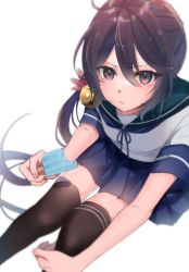 Rule 34 | 1girl, akebono (kancolle), bell, black socks, blue sailor collar, blue skirt, closed mouth, commentary request, flower, food, from above, hair bell, hair between eyes, hair flower, hair ornament, highres, holding, kantai collection, kneehighs, long hair, pleated skirt, popsicle, purple eyes, purple hair, rinto (rint rnt), sailor collar, school uniform, serafuku, short sleeves, side ponytail, simple background, sitting, skirt, socks, solo, uniform, very long hair, white background
