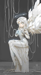Rule 34 | 1girl, absurdres, android, angel, audio jack, cable, dated, feathered wings, full body, grey background, grey hair, halo, hands up, headphones, headphones around neck, highres, holding, long hair, looking at viewer, maintenance, mechanical parts, navel, ne baozi, on top of pole, original, sitting, solo, white theme, wings