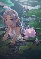 Rule 34 | 1girl, 43, :o, absurdres, animal ears, bare shoulders, braid, braided ponytail, bud, choker, ear piercing, eyelashes, fins, flower, halterneck, head fins, highres, lace, lace choker, leaf, lily pad, linked piercing, long hair, looking at viewer, mermaid, monster girl, nature, night, original, outdoors, partially submerged, piercing, pink flower, pond, purple eyes, purple hair, shirt, side-tie shirt, single braid, sleeveless, solo, upper body, water, white shirt