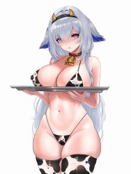 Rule 34 | 1girl, absurdres, alternate costume, animal print, azur lane, bell, breast rest, breasts, breasts on tray, carried breast rest, carrying, covered erect nipples, cow girl, cow horns, cow print, cowbell, cowboy shot, grey hair, hair between eyes, highres, holding, holding tray, horns, large breasts, long hair, looking at viewer, niki shova, purple eyes, simple background, solo, thighhighs, tosa (azur lane), tray, very long hair, white background