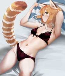 Rule 34 | 1girl, animal ear fluff, animal ears, bare shoulders, blush, bra, breasts, commission, green eyes, highres, light brown hair, looking at viewer, lying, multicolored hair, navel, on back, open mouth, original, panties, pixiv commission, red bra, red panda ears, red panda girl, red panda tail, red panties, short hair, small breasts, solo, stomach, striped pillow, tail, tama (tamago), underwear, white hair