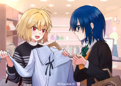 Rule 34 | 2girls, alternate costume, antenna hair, arcueid brunestud, bag, black-framed eyewear, black jacket, blonde hair, blue eyes, blue hair, blush, bow, bowtie, cardigan, ciel (tsukihime), clothes, clothes hanger, collared shirt, commentary request, glasses, green bow, hair between eyes, holding, holding clothes, indoors, jacket, looking at another, mannequin, matsui haru, multiple girls, open mouth, paper bag, red eyes, school uniform, shirt, shopping, shopping bag, short hair, smile, sweater, tsukihime, tsukihime (remake), twitter username, uniform, upper body, white shirt, yellow cardigan