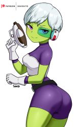 Rule 34 | 1girl, ass, belt, bodysuit, breasts, cheelai, closed mouth, colored skin, dako (dakosito), dragon ball, dragon ball super, gloves, green skin, gun, highres, holding, holding gun, holding weapon, looking at viewer, medium breasts, pink eyes, purple bodysuit, scouter, short hair, smile, solo, weapon, white gloves, white hair