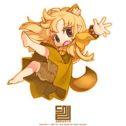 Rule 34 | 1girl, animal ears, barefoot, blonde hair, bloomers, brown eyes, chibi, dress, fang, fox ears, fox tail, long hair, open mouth, original, outstretched arms, ran system, shorts, soles, solo, tail, underwear