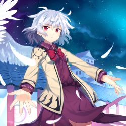 Rule 34 | 1girl, abusoru, album cover, architecture, bow, bowtie, cover, dress, east asian architecture, feathers, jacket, kishin sagume, long sleeves, night, open clothes, purple dress, red eyes, shirt, short hair, silver hair, single wing, solo, star (sky), touhou, wings