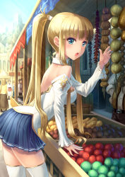 Rule 34 | 2girls, 4boys, bare shoulders, bent over, blonde hair, blue eyes, blunt bangs, castle, day, detached collar, detached sleeves, fantasy, food, fruit, fruit stand, highres, long hair, long sleeves, looking at viewer, multiple boys, multiple girls, open mouth, original, outdoors, pleated skirt, ponytail, skirt, solo focus, thighhighs, white legwear, youbou, zettai ryouiki