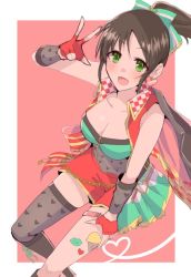 Rule 34 | asymmetrical legwear, black hair, bodypaint, boots, bow, breasts, checkered clothes, cleavage, earrings, fingerless gloves, food, gloves, green bow, green eyes, hair bow, hand on thigh, harada miyo, heart, heart earrings, heart print, ice cream, ice cream cone, idolmaster, idolmaster cinderella girls, idolmaster poplinks, jacket, jacket on shoulders, jewelry, medium breasts, ponytail, race queen, red gloves, ryosesanzui, see-through, short shorts, shorts, skirt, smile, solo, thighhighs, thighs, v, vest, zettai ryouiki
