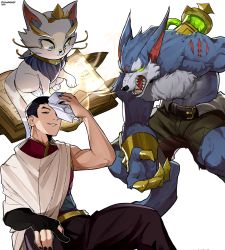 Rule 34 | 2boys, absurdres, animal, bad id, bad pixiv id, belt, black belt, black gloves, black hair, black nails, black pants, book, brown shorts, cat, claws, fingerless gloves, furry, furry male, gloves, glowing, grin, highres, holding, holding mask, jhin, league of legends, looking down, mask, unworn mask, multiple boys, nail polish, open book, open mouth, pants, ryu (ryuwanshoy), sharp teeth, short hair, shorts, simple background, single bare arm, sitting, smile, teeth, tongue, warwick, werewolf, white background, yuumi (league of legends)