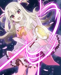 Rule 34 | 1girl, :d, akakanen, detached sleeves, earrings, fate/kaleid liner prisma illya, fate (series), feathers, floating hair, frilled skirt, frills, gloves, hair between eyes, holding, holding staff, illyasviel von einzbern, jewelry, leaning to the side, long hair, looking at viewer, magical girl, open mouth, pink feathers, pink shirt, pink sleeves, pleated skirt, red eyes, shirt, silver hair, skirt, sky, sleeveless, sleeveless shirt, smile, solo, staff, star (sky), starry sky, very long hair, white gloves, white skirt