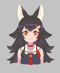 Rule 34 | 1girl, absurdres, animal ear fluff, animal ears, black hair, black shirt, choker, closed mouth, dot nose, enkyo yuuichirou, grey background, hair flaps, hair ornament, hairclip, highres, hololive, long hair, looking at viewer, multicolored hair, necktie, ookami mio, ookami mio (1st costume), orange eyes, portrait, red choker, red necktie, ringed eyes, sailor collar, shirt, simple background, sleeveless, sleeveless shirt, smile, solo, streaked hair, upper body, virtual youtuber, white sailor collar