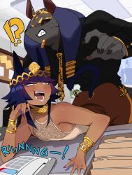 Rule 34 | !?, 2boys, animal ears, anubis (lightsource), aroused, bare shoulders, bent over, black nails, black sclera, black shirt, blue hair, blush, cat boy, cat ears, cat tail, clenched teeth, colored sclera, colored skin, dark-skinned male, dark skin, egyptian, egyptian clothes, egyptian mythology, fangs, furry, furry male, furry with non-furry, gold, grey skin, hair ornament, highres, interspecies, jackal ears, lightsource, male focus, mole, mole under eye, multiple boys, murasaki (lightsource), nail polish, narrowed eyes, office, open mouth, original, phone, purple lips, purple nails, red eyes, sharp teeth, shirt, snake hair ornament, snout, tail, teeth, trap, yaoi, yellow eyes