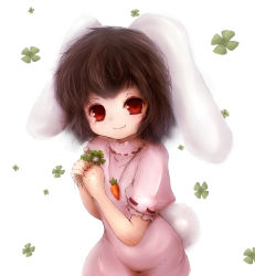 Rule 34 | 1girl, amano jack, animal ears, bad id, bad pixiv id, brown hair, carrot, carrot necklace, clover, female focus, four-leaf clover, highres, inaba tewi, jewelry, necklace, rabbit ears, rabbit girl, rabbit tail, red eyes, short hair, simple background, smile, solo, tail, touhou, white background