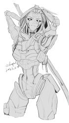 Rule 34 | 1girl, android, apex legends, armpits, ash (titanfall 2), cable hair, cowboy shot, cracked skin, danieldanlllll, dated, frown, greyscale, head tilt, highres, hood, hood up, hooded leotard, looking at viewer, monochrome, sketch, solo, sword, twitter username, v-shaped eyebrows, weapon, weapon on back, white background