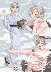 Rule 34 | 1girl, absurdres, alternate costume, antenna hair, bad id, bad twitter id, bath yukata, bathing, bucket, closed mouth, commentary request, completely nude, green eyes, grey hair, highres, japanese clothes, kantai collection, kimono, kinugasa (kancolle), nude, ojipon, one eye closed, onsen, open mouth, short hair, smile, striped clothes, striped kimono, vertical-striped clothes, vertical-striped kimono, wooden bucket, yukata