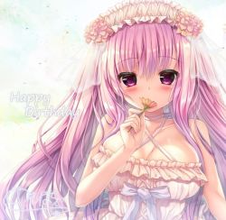 Rule 34 | 1girl, bare arms, bare shoulders, blush, breasts, cleavage, collared dress, commentary request, criss-cross halter, dress, flower, flower request, hair between eyes, halterneck, happy birthday, holding, holding flower, large breasts, long hair, looking at viewer, original, otoha (unohana pochiko), pink hair, purple eyes, signature, sleeveless, sleeveless dress, solo, unohana pochiko, white dress