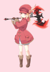Rule 34 | 1girl, absurdres, ahoge, alternate costume, axe, bloomers, blush, boots, bow, brown footwear, brown gloves, cabbie hat, coat, commentary request, crossover, elezen, elf, final fantasy, final fantasy xiv, genshin impact, gloves, hair between eyes, hat, hat bow, hat feather, hat ornament, hat ribbon, highres, holding, holding axe, hood, hooded coat, klee (genshin impact), knee boots, light brown hair, long hair, long sleeves, looking at viewer, mocha-san, orange eyes, over shoulder, parted lips, pink background, pocket, pointy ears, red coat, red hat, ribbon, sidelocks, simple background, solo, standing, trait connection, two-handed, underwear, warrior of light (ff14), weapon, weapon over shoulder
