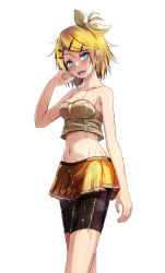 Rule 34 | 1girl, :d, adjusting hair, bike shorts, black shorts, blonde hair, blue eyes, blush, bow, breasts, cheerleader, cleavage, collarbone, crop top, hair between eyes, hair bow, hair ornament, hairclip, highres, kagamine rin, looking at viewer, medium breasts, midriff, miniskirt, nail polish, navel, one side up, open mouth, orange nails, pleated skirt, short hair, shorts, shorts under skirt, simple background, sing&amp;smile (vocaloid), skirt, smile, solo, standing, stomach, strapless, sweat, sweater, tsukishiro saika, vocaloid, wet, wet hair, white background, white bow, yellow skirt