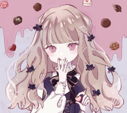 Rule 34 | 1girl, :/, blunt bangs, blush, bow, chocolate, chocolate on face, chocolate on hand, closed mouth, expressionless, food, food on face, food on hand, frilled shirt collar, frills, hair bow, hand to own mouth, heart, holding, holding heart, lace-up top, light brown hair, long hair, looking at viewer, myaco9, neck ribbon, original, puffy sleeves, purple eyes, ribbon, signature, solo, vest, wavy hair