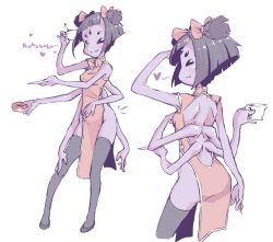 Rule 34 | 1girl, ass, back, bare back, blush, china dress, chinese clothes, colored skin, cup, doughnut, dress, english text, extra arms, extra eyes, female focus, food, from behind, highres, arthropod girl, jarv, monster girl, muffet, plate, purple skin, short twintails, simple background, smile, solo, spider girl, thighhighs, twintails, undertale, white background
