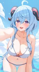 Rule 34 | 1girl, absurdres, ahoge, bikini, blue hair, blue sky, blush, breasts, cleavage, cloud, collarbone, commentary, domodomo0708, ganyu (genshin impact), genshin impact, highres, horns, large breasts, long hair, looking at viewer, navel, open mouth, purple eyes, sidelocks, sky, smile, solo, swimsuit, symbol-only commentary, thigh gap, thighs, white bikini