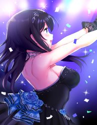 Rule 34 | 1girl, back, bare shoulders, black dress, black gloves, black hair, blue eyes, blue flower, blue rose, blush, breasts, commentary request, confetti, diadem, dress, flower, from side, gloves, hair flower, hair ornament, highres, idolmaster, idolmaster cinderella girls, idolmaster cinderella girls starlight stage, large breasts, long hair, natsu (nattiyann), open mouth, outstretched arms, profile, rose, sagisawa fumika, smile, solo, sparkle, stage lights