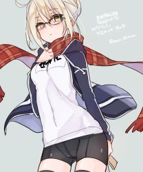 Rule 34 | 1girl, ahoge, arm behind back, artoria pendragon (all), artoria pendragon (fate), bad id, bad twitter id, bike shorts, blonde hair, blush, breasts, fate/grand order, fate (series), glasses, grey hair, highres, jacket, looking at viewer, medium breasts, mom 29 mom, mysterious heroine x alter (fate), mysterious heroine x alter (first ascension) (fate), mysterious heroine x alter (second ascension) (fate), saber (fate), scarf, sketch, solo, thighhighs, twitter username, yellow eyes