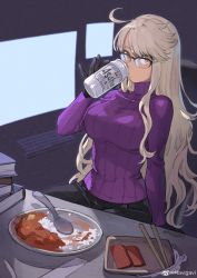 Rule 34 | 1girl, absurdres, ahoge, alcohol, alma armas, artist name, asahi breweries, beer, beer can, black-framed eyewear, black gloves, black pants, blonde hair, book, book stack, brand name imitation, breasts, can, chair, chopsticks, curry, curry rice, dark-skinned female, dark skin, drink, drink can, drinking, expressionless, food, glasses, gloves, highres, holding, holding can, holding drink, jun (navigavi), keyboard (computer), large breasts, long hair, long sleeves, looking at viewer, monitor, pants, plate, purple sweater, ribbed sweater, rice, semi-rimless eyewear, signature, solo, spoon, sweater, turtleneck, turtleneck sweater, va-11 hall-a, weibo logo, weibo watermark, yellow eyes