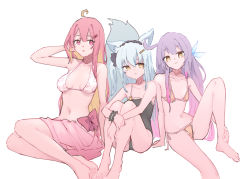Rule 34 | 3girls, ahoge, animal ear fluff, animal ears, arm up, bare shoulders, barefoot, bikini, black one-piece swimsuit, breasts, breasts apart, casual one-piece swimsuit, closed mouth, collarbone, colored inner hair, colored tips, commentary, english commentary, hair ornament, hairband, hairclip, hand in own hair, highres, hugging own legs, knee up, long hair, looking at viewer, lyrinne, medium breasts, multicolored hair, multiple girls, navel, one-piece swimsuit, open mouth, orange bikini, original, pink hair, purple hair, sarong, side-tie bikini bottom, sitting, small breasts, string bikini, swimsuit, tail, white bikini, yellow eyes, yokozuwari