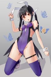 Rule 34 | 1girl, absurdres, adapted costume, animal ears, black hair, bow, bowtie, breasts, brown eyes, bug, butterfly, commentary request, detached collar, fake animal ears, fate/kaleid liner prisma illya, fate (series), full body, gradient background, hair ornament, hair ribbon, highres, insect, kopaka (karda nui), leotard, long hair, looking at viewer, magical girl, magical sapphire, miyu edelfelt, playboy bunny, purple background, purple leotard, purple thighhighs, rabbit ears, rabbit tail, ribbon, small breasts, solo, strapless, strapless leotard, tail, thighhighs, twintails, wrist cuffs, x hair ornament