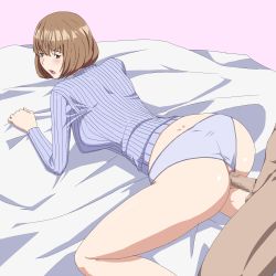 Rule 34 | 1girl, all fours, aoki yuriko, ass, back, bakuman, bed, bed sheet, blush, breasts, brown hair, censored, clothing aside, doggystyle, legs, looking back, mole, open mouth, panties, panties aside, penis, sex, sex from behind, sheet grab, short hair, sweater, thighs, underwear, vaginal, yellow eyes