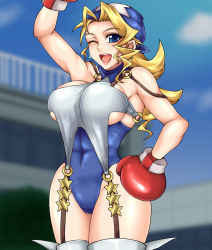 Rule 34 | 1girl, artist request, bandana, blonde hair, blue eyes, boxing gloves, breasts, capcom, highres, justice gakuen, one eye closed, solo, tiffany lords