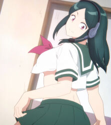 Rule 34 | 1girl, anime screenshot, back, breasts, demon girl, green hair, green sailor collar, green skirt, headphones, highres, large breasts, long hair, looking at viewer, lv1 maou to one room yuusha, maou (lv1 maou to one room yuusha), necktie, pink eyes, pink necktie, pleated skirt, sailor collar, school uniform, screencap, shirt, sidelocks, skirt, smile, stitched, third-party edit, undersized clothes, white shirt