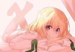 Rule 34 | 1boy, :o, bad id, bad pixiv id, beatmania, beatmania iidx, blonde hair, brown eyes, feet up, green ribbon, legs up, long sleeves, looking at viewer, lying, male focus, nanotaro, on stomach, rche (beatmania), ribbon, short hair, short shorts, shorts, smile, solo, star (symbol), the pose, thighhighs, trap, white thighhighs
