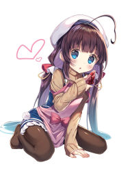 Rule 34 | 1girl, ahoge, apron, beret, blue dress, blue eyes, blue hair, blush, bow, box, brown hair, brown pantyhose, brown sweater, commentary request, dress, frilled dress, frills, full body, gift, gift box, gradient hair, gurasion (gurasion), hat, heart, heart-shaped pupils, highres, hinatsuru ai, holding, holding gift, long hair, long sleeves, low twintails, multicolored hair, no shoes, pantyhose, parted lips, pink apron, pink bow, ryuuou no oshigoto!, sidelocks, simple background, sleeveless, sleeveless dress, sleeves past wrists, solo, sweater, symbol-shaped pupils, twintails, very long hair, white background, white hat