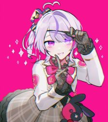 Rule 34 | 1girl, :d, ahoge, blush, bow, bowtie, eyepatch, eyepatch lift, finger to mouth, gloves, hair between eyes, hair ornament, hands up, heart, heart ahoge, heterochromia, jacket, lace, lace gloves, light purple hair, long sleeves, looking at viewer, maria marionette, multicolored hair, nijisanji, nijisanji en, open mouth, pink background, pink bow, plaid, plaid skirt, pleated skirt, purple eyes, simple background, skirt, smile, solo, streaked hair, stuffed animal, stuffed toy, two-tone hair, virtual youtuber, waka (wk4444)