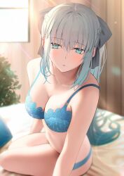 Rule 34 | 1girl, absurdres, bare shoulders, black bow, blue bra, blue eyes, blush, bow, bra, braid, breasts, cleavage, collarbone, commentary request, fate/grand order, fate (series), grey hair, hair between eyes, hair bow, half up braid, highres, lace, lace-trimmed bra, lace trim, large breasts, long hair, looking at viewer, mishiro (ixtlolton), morgan le fay (fate), navel, panties, parted lips, ponytail, sidelocks, solo, underwear, underwear only, very long hair
