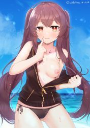 Rule 34 | 1girl, ahoge, bikini, bikini bottom only, black bikini, black jacket, blue sky, blush, breasts, brown hair, collarbone, contrapposto, cowboy shot, dated, day, finger to mouth, flower-shaped pupils, genshin impact, gluteal fold, highres, horizon, hu tao (genshin impact), index finger raised, jacket, long hair, nipples, no bra, ocean, one breast out, open clothes, open jacket, orange eyes, outdoors, parted lips, partially unzipped, shushing, side-tie bikini bottom, sky, sleeveless, sleeveless jacket, small breasts, solo, sweat, swimsuit, symbol-shaped pupils, twintails, twitter username, undressing, very long hair, wata neo, water
