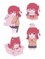 Rule 34 | &gt; &lt;, 2girls, animal ear fluff, animal ears, animalization, blush, bocchi the rock!, bow, bowtie, box, cat ears, cat girl, cat tail, chibi, cropped legs, cube hair ornament, gotoh hitori, gotoh hitori (octopus), hair ornament, highres, hug, in box, in container, kita ikuyo, multiple girls, multiple views, one side up, red bow, red bowtie, red hair, school uniform, shuka high school uniform, side ahoge, sidelocks, tail, tearing up, white background, yomogidx
