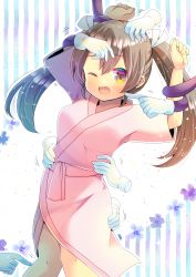 Rule 34 | 1girl, absurdres, arm up, blue flower, blush, breasts, brown hair, commentary request, commission, disembodied hand, floral background, flower, hair between eyes, highres, japanese clothes, kantai collection, kimono, kou hiyoyo, long hair, looking at viewer, one eye closed, open mouth, pink kimono, pixiv commission, purple flower, restrained, short sleeves, small breasts, standing, striped, striped background, tickling, tickling ass, tickling face, tickling legs, tickling sides, twintails, vertical stripes, wide sleeves, zuikaku (kancolle)