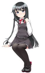 Rule 34 | 1girl, asashio (kancolle), bad id, bad twitter id, belt, black hair, black thighhighs, blue eyes, collared shirt, commentary request, dress, full body, highres, invisible chair, kantai collection, kirigakure (kirigakure tantei jimusho), long hair, long sleeves, looking at viewer, neck ribbon, pinafore dress, red ribbon, ribbon, shirt, simple background, sitting, sleeveless dress, smile, solo, split mouth, thighhighs, very long hair, white background, white shirt