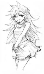 Rule 34 | 10s, bracelet, clothes lift, dress, dress lift, earrings, greyscale, grin, jewelry, long hair, monochrome, necklace, panty &amp; stocking with garterbelt, panty (psg), project.c.k., sketch, smile, solo