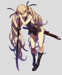 Rule 34 | 1girl, abyssal ship, aircraft, airplane, aqua eyes, bare arms, bare shoulders, belt, black dress, black footwear, black ribbon, blonde hair, boots, chyko7080, closed mouth, copyright request, dress, elf, full body, glint, highres, holding, holding sword, holding weapon, knee boots, leaning forward, long hair, looking at viewer, own hands together, pigeon-toed, pointy ears, ribbon, sheath, shiny clothes, short dress, sleeveless, sleeveless dress, smile, solo, standing, sword, thighs, tsurime, twintails, unsheathed, very long hair, weapon