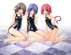 Rule 34 | 3girls, barefoot, blue hair, blush, braid, breasts, brown hair, checkered floor, feet, floor, hair ornament, highres, long hair, multiple girls, one-piece swimsuit, open mouth, pink hair, sakuya tsuitachi, school swimsuit, shiny clothes, short hair, small breasts, smile, sukumizu tabehoudai, swimsuit, wet