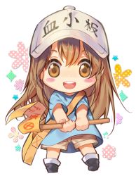 Rule 34 | 10s, 1girl, :d, bag, black footwear, blue shirt, boots, brown eyes, brown hair, brown shorts, character name, chibi, clothes writing, commentary request, flag, flat cap, grey hat, hat, hataraku saibou, headwear writing, holding, holding flag, long hair, mintchoco (orange shabette), open mouth, outstretched arm, platelet (hataraku saibou), round teeth, shirt, short sleeves, shorts, shoulder bag, smile, solo, teeth, upper teeth only, very long hair