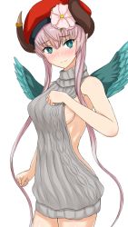 Rule 34 | 1girl, backless outfit, bare arms, bare shoulders, blue eyes, blush, breasts, bright pupils, closed mouth, cowboy shot, dress, feathered wings, flower, frown, green wings, grey sweater, hand up, hat, hat flower, horns, la hawzel, linfa (futari midara), looking at viewer, medium breasts, nose blush, pink flower, pink hair, pointy ears, rance (series), red hat, ribbed sweater, short hair with long locks, sideboob, sidelocks, simple background, sleeveless, sleeveless turtleneck, solo, standing, sweater, sweater dress, turtleneck, turtleneck sweater, white background, wings